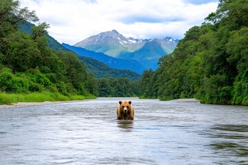Alaska grizzly bear catching a salmon in a rushing river surrounded by lush greenery