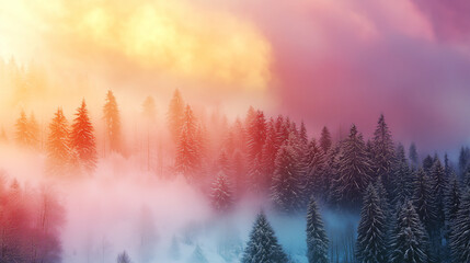 Wallpaper with ethereal winter forest with snow-covered trees immersed in colorful mist and warm glowing sunlight