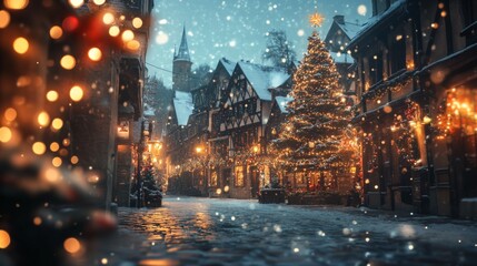 Obraz premium A Snowy Christmas Eve in a Quaint European Village