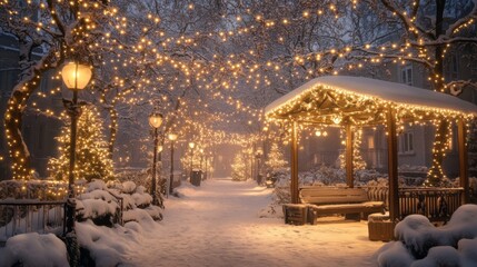 Fototapeta premium Snowy Winter Pathway Illuminated With Festive Lights