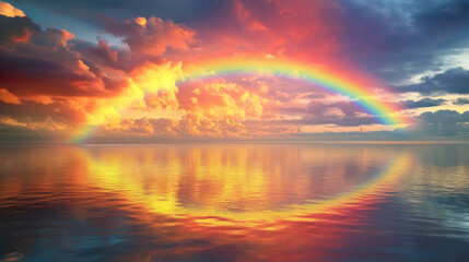 Majestic rainbow arches over serene ocean at sunset with vibrant reflections and dramatic clouds. Beautiful wallpaper, background