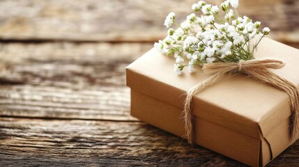 Brown kraft gift box with gypsophila flower detail, on a natural wooden table, generative ai