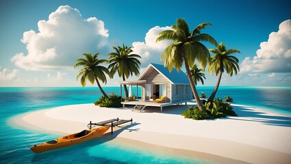 Fototapeta premium Remote Island Paradise with White Sands and Overwater Bungalow