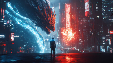 Fototapeta premium A lone warrior stands defiantly against a towering dragon in a futuristic cityscape, a clash of fire and ice, the warrior's blue magic glowing. Fire and Ice Duel. Illustration