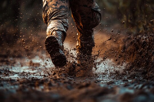 Soldier running through mud during military training exercise