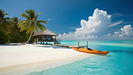 Naklejka premium Remote Island Paradise with White Sands and Overwater Bungalow