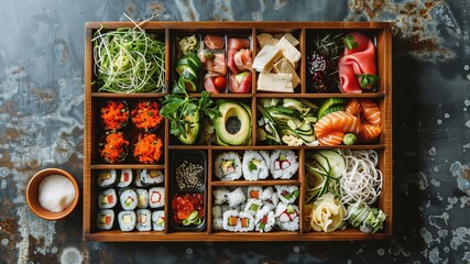 Delicious sushi bento box with diverse ingredients on a rustic metal surface.