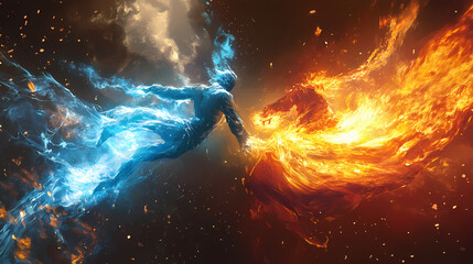 A dynamic duel elemental forces of fire and ice engaging in a striking battle of energy and motion. Fire and Ice Duel. Illustration