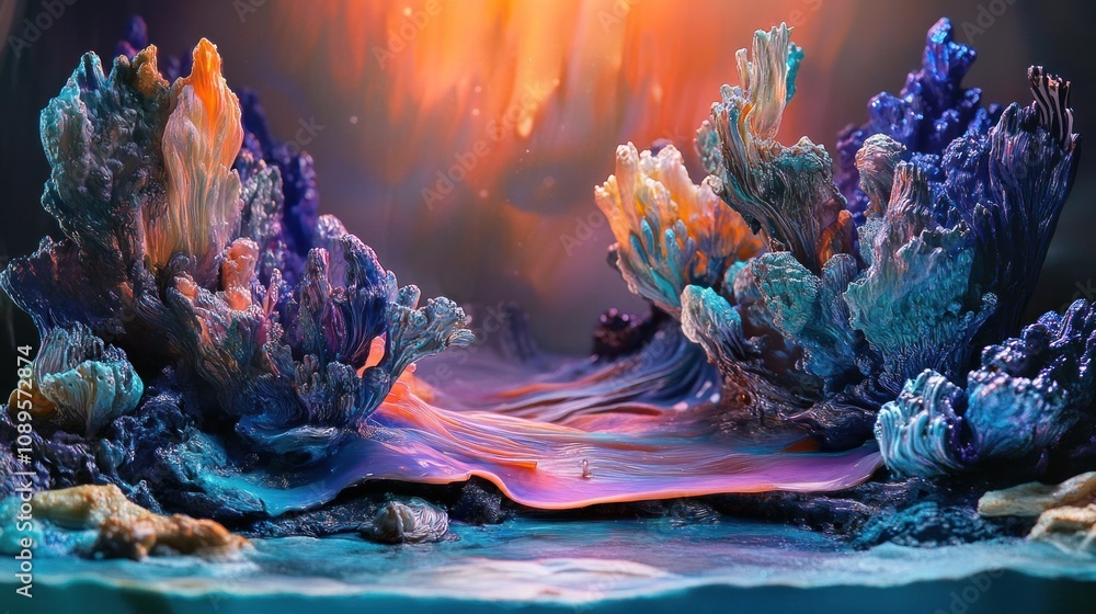 Poster vibrant abstract landscape with colorful coral-like structures and dreamlike background of light and