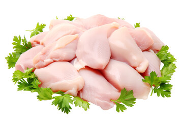 Fresh raw chicken fillets garnished with parsley, healthy and organic ingredient for culinary use. Isolated on transparent or white.