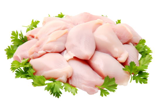 Fresh raw chicken fillets garnished with parsley, healthy and organic ingredient for culinary use. Isolated on transparent or white.