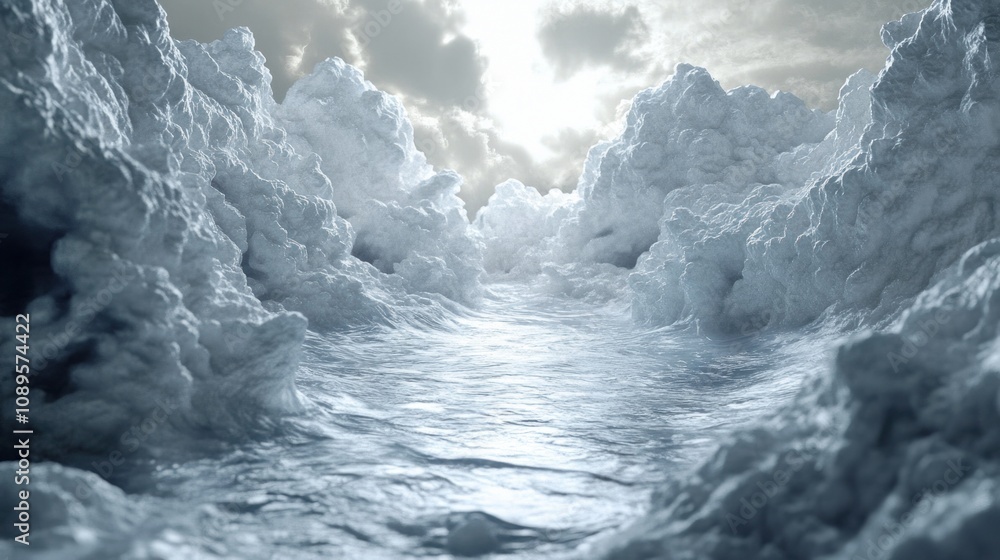 Poster dramatic scene of turbulent ocean waves under a moody sky with light breaking through clouds, creati