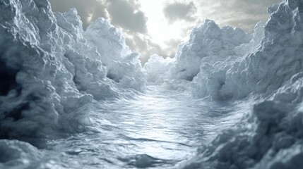 Fototapeta premium Dramatic Scene of Turbulent Ocean Waves Under a Moody Sky with Light Breaking Through Clouds, Creating an Ethereal Atmosphere and Sense of Depth