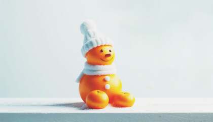 Cute snowman made of tangerines in a knitted white hat on a light background. Happy New Year and Christmas
