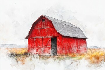 Obraz premium Watercolor painting of a rustic red barn surrounded by green grass and wildflowers