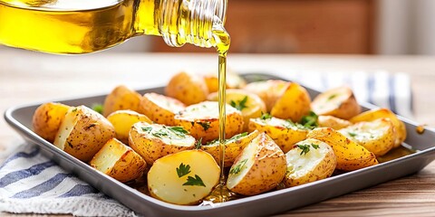 Rice bran oil pouring over golden, oven-roasted potatoes with herbs, simple yet nutritious side dish