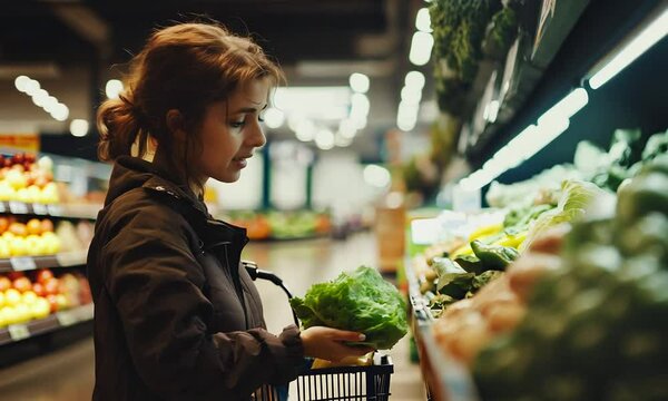 Young woman choosing fresh lettuce in a grocery store's vegetable aisle, highlighting nutritious shopping habits and promoting healthy eating choices
