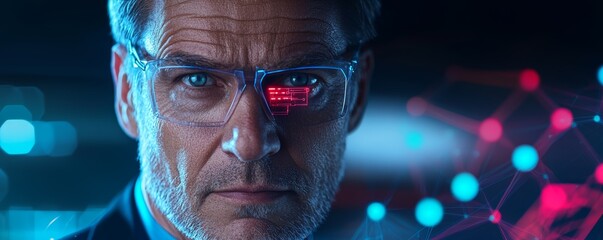 A businessman surrounded by glowing holographic displays, showcasing interconnected networks and advanced cybersecurity tools.