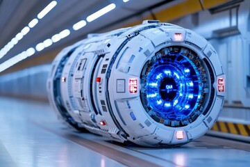 Alien emerging from a stasis pod aboard a futuristic starship, bathed in soft blue light