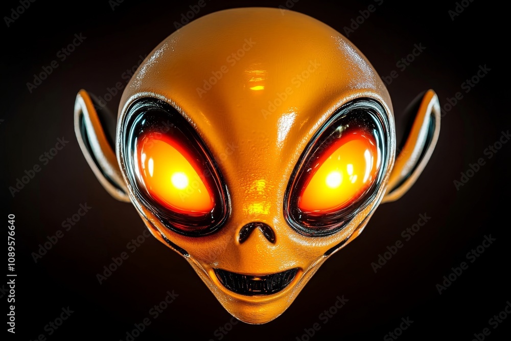 Poster alien head drawn with simple shapes and large glowing eyes against a plain dark background