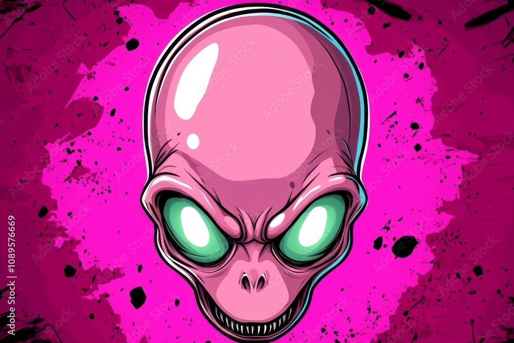 Poster alien head drawn with simple shapes and large glowing eyes against a plain dark background