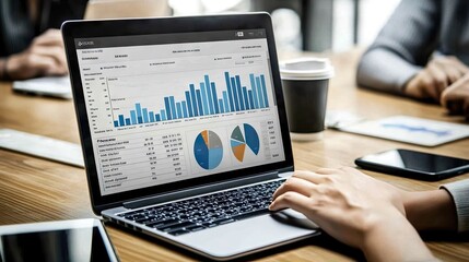 Analyzing business performance through data visualization on a laptop in a modern workspace