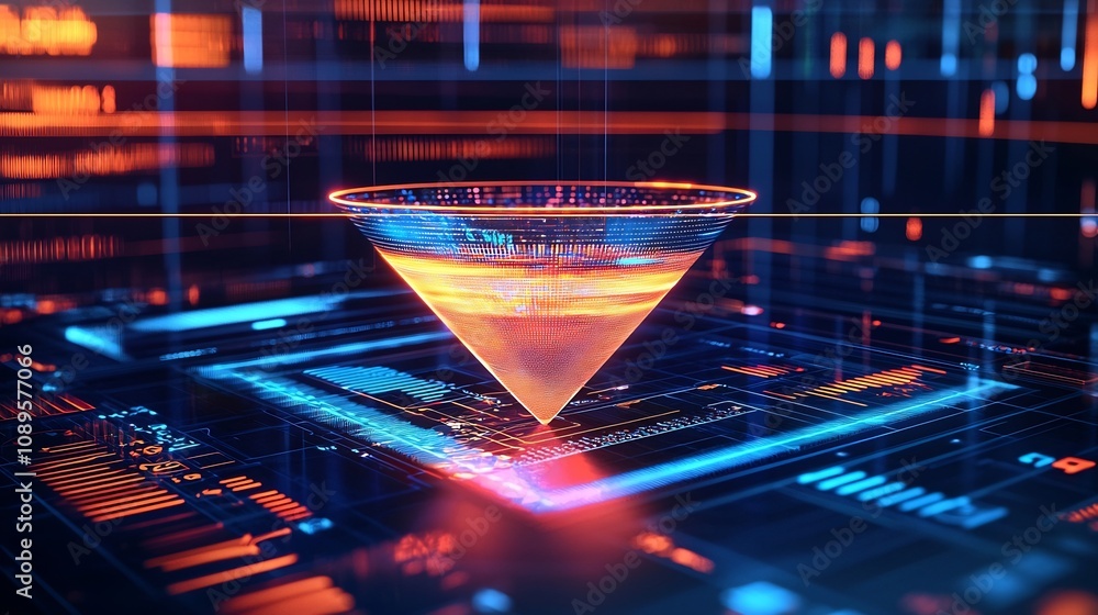 Poster glowing sales funnel on futuristic digital screen representing customer conversion process