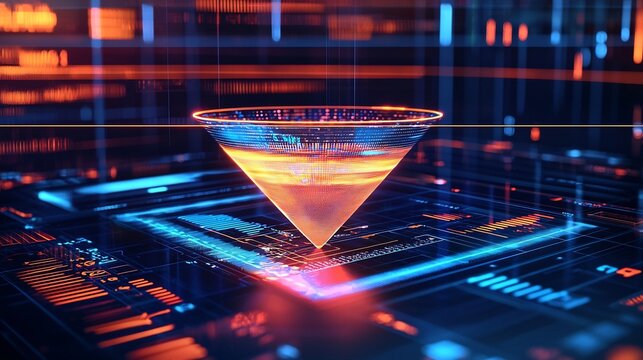 Glowing Sales Funnel on Futuristic Digital Screen Representing Customer Conversion Process
