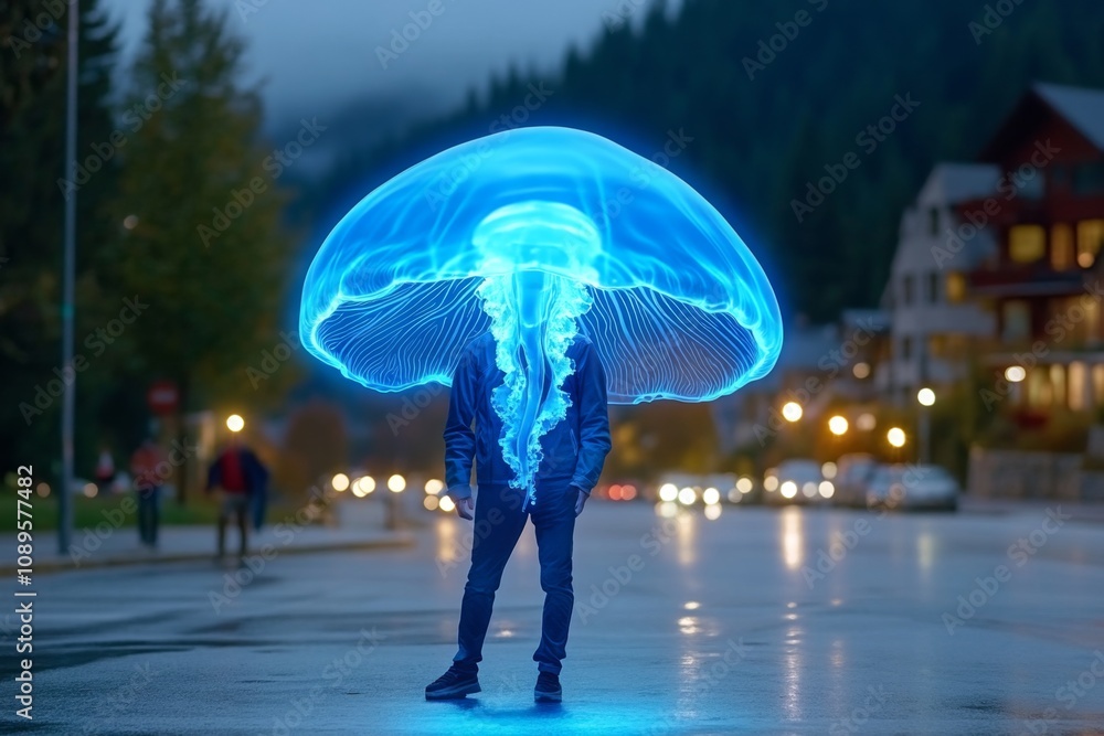 Poster alien resembling a jellyfish floating above the ground, emitting soft glowing light
