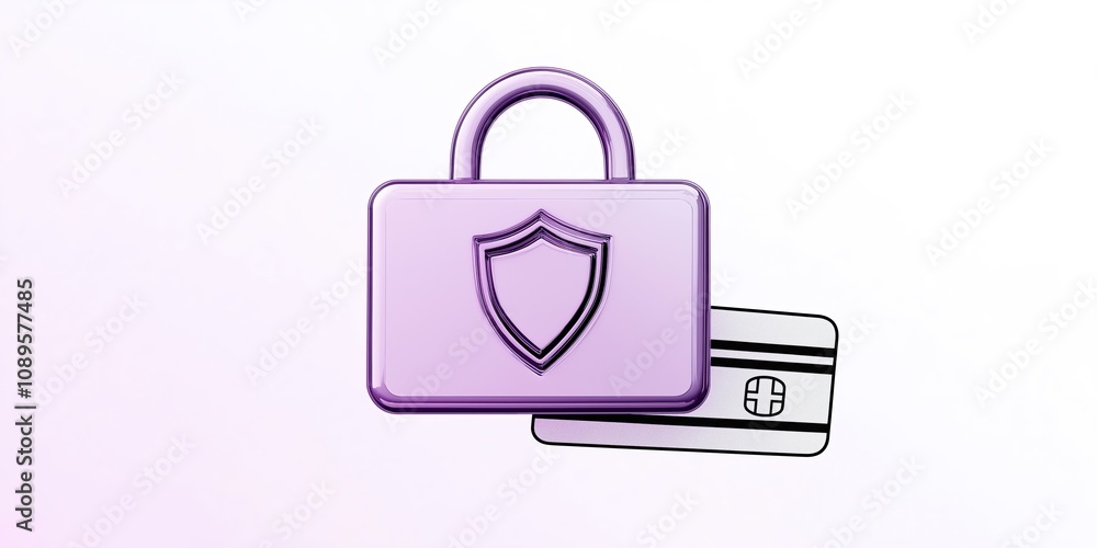 Poster purple padlock with shield symbol over credit card, representing online security and privacy in digi
