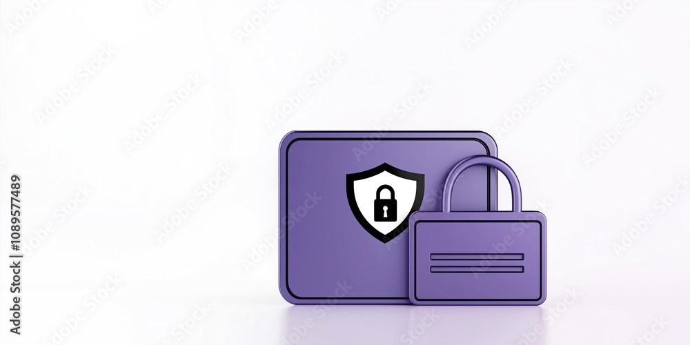 Poster digital security concept featuring purple padlock and shield icon on glossy background representing 