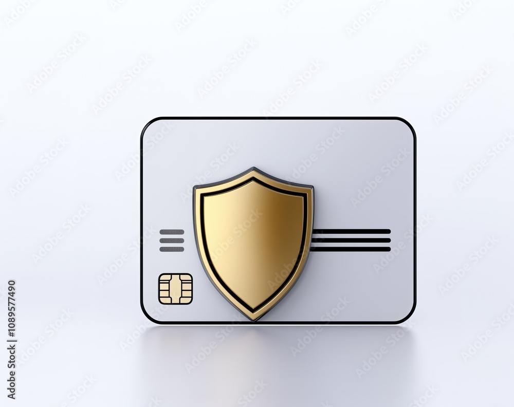 Poster digital payment card with security shield symbol in gold color on a minimalist white background emph
