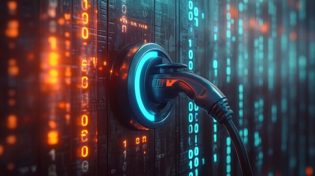 Electric vehicle charging connector plugged into a digital wall. - Powered by Adobe