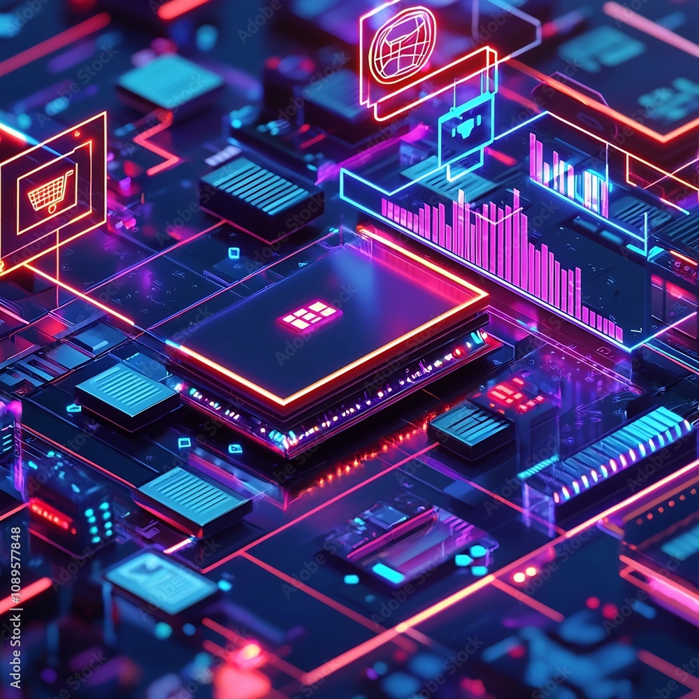 Poster glowing digital marketplace with ai powered sales platforms representing the future of e commerce an