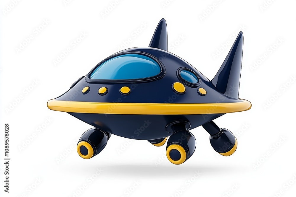 Poster alien spacecraft illustrated in 2d, with bold, clean lines and glowing thrusters hovering on a white
