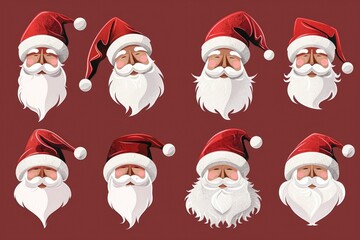 A collection of Santa Claus heads with various facial expressions, ideal for use in holiday-themed designs and advertisements