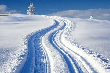 Fototapeta premium Curved ski tracks on a snowy hill under a blue sky with frost-covered trees. Winter landscape photography for seasonal and travel design