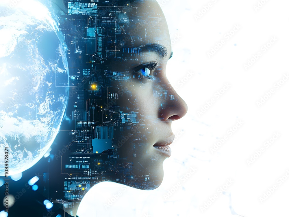 Poster futuristic portrait of a young woman blending nature and technology with earth elements and digital 
