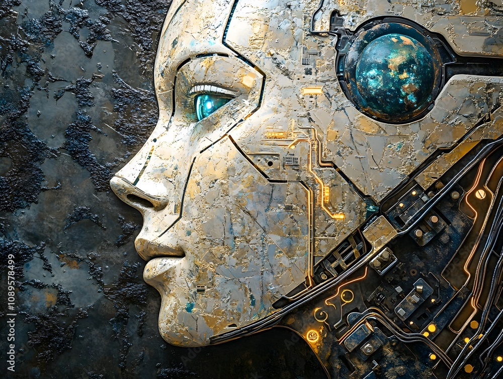 Fototapete futuristic robot profile with glowing eye and intricate circuit design, highlighting the intersectio