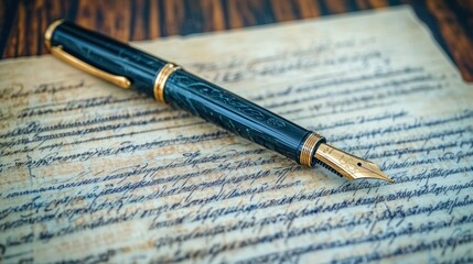 Fototapeta premium Elegant fountain pen rests on antique handwritten letter.