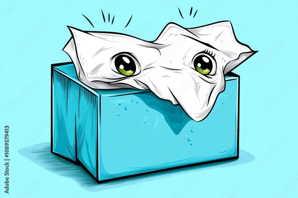 Poster Allergies depicted as a stylized tissue box icon with simple flowing lines representing sneezing