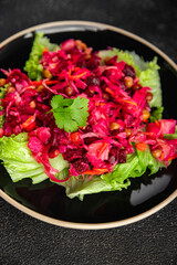 beet salad Baked beetroot, potatoes, green peas, green leaf salad tasty food dish Fresh gourmet food background on the table rustic food top view copy space top view keto and paleo diet Vegetarian
