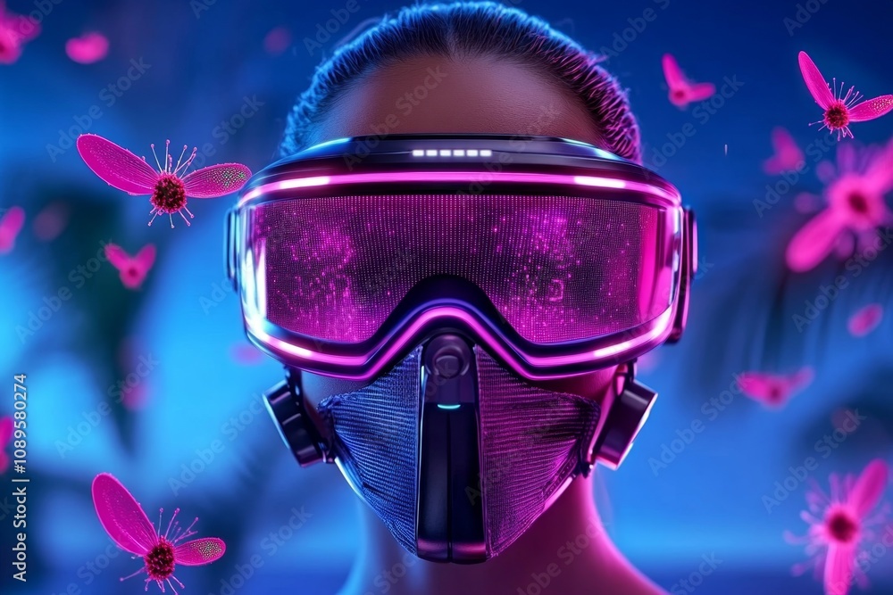 Poster allergies in a futuristic world shown with a person wearing a glowing filtration mask, with holograp