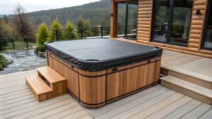 Wooden Hot Tub with Black Cover, Outdoor Wooden Hot Tub with Protective Cover  
