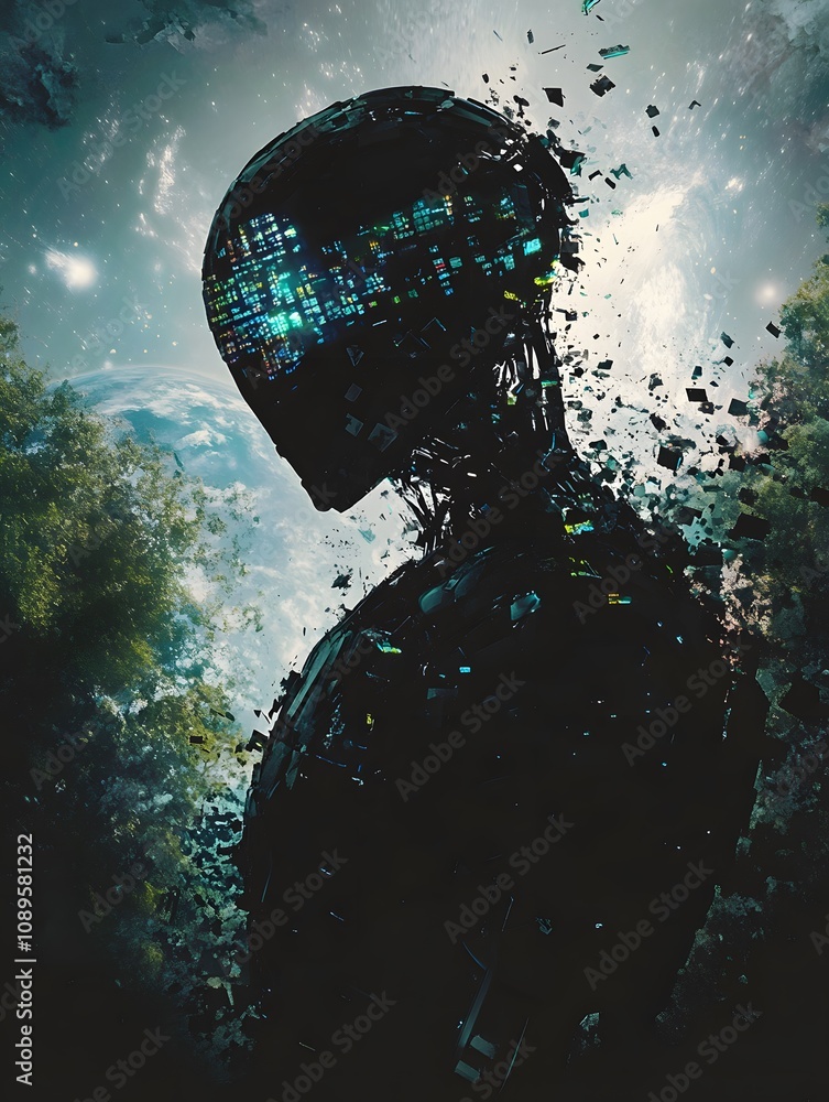 Poster abstract representation of a futuristic artificial intelligence being surrounded by nature, symboliz