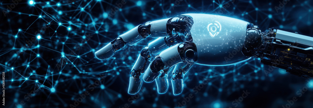 Poster a robotic arm symbolizes the interaction of artificial intelligence and technology in business. on a