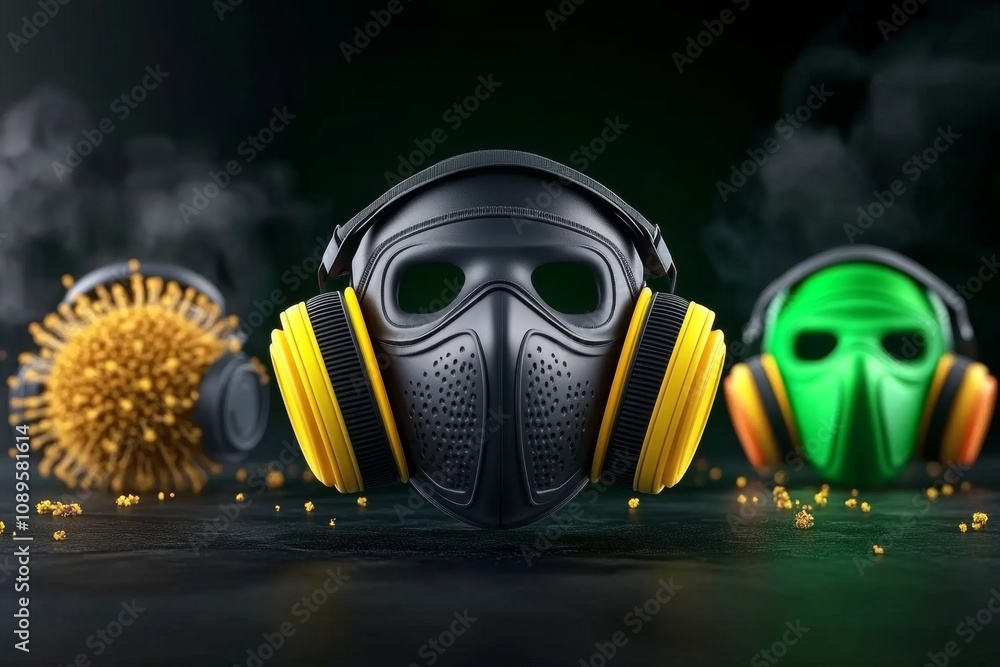 Poster allergies visualized by a simple mask icon surrounded by abstract pollen and dust shapes