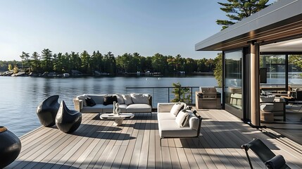 Fototapeta premium A serene outdoor patio overlooking a tranquil lake, designed for relaxation and leisure.