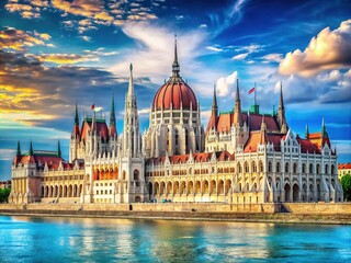 Obraz premium Digital vision: Budapest Parliament, 2024, neo-Gothic & Renaissance fusion.
