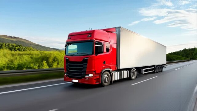 A truck drives along the road against the backdrop of a colorful summer landscape. Cargo transportation. Logistics and economics. Cargo delivery business